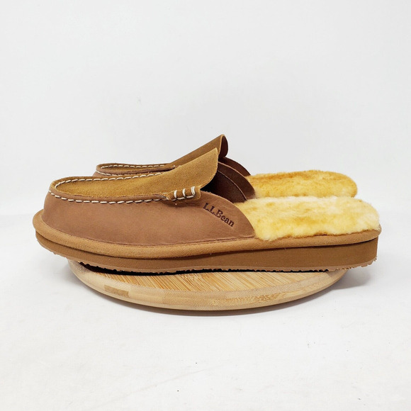 LL Bean Wicked Good Slipper Scuffs Women 9 Mule Brown Suede Shearling Shoes - Picture 1 of 12